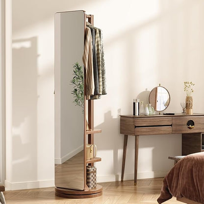 WoodsWhisper Full Length Mirror Coat Rack Solid Wood Floor Mirror 70"x16" Full Length Mirror with Stand Long Mirrors for Bedroom,Living Room (Walnut, 70" L x 16" W)