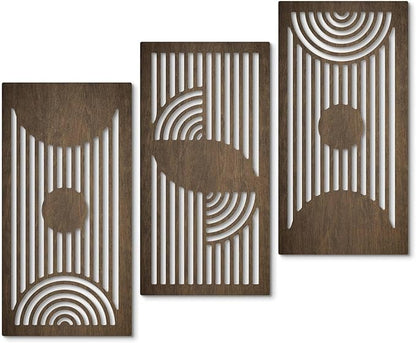 Putuo Decor Geometric Wood Wall Art Set of 3 Modern Mid-Century Modern Aesthetic Wall Decor Modern Wooden Wall Sculptures for Living Room Office Hallway Brown Line Art Decor