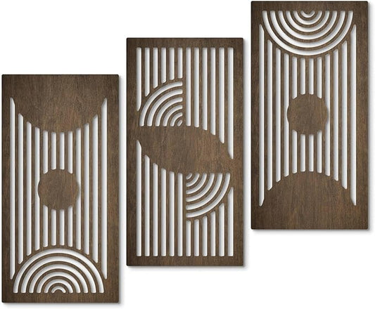 Putuo Decor Geometric Wood Wall Art Set of 3 Modern Mid-Century Modern Aesthetic Wall Decor Modern Wooden Wall Sculptures for Living Room Office Hallway Brown Line Art Decor