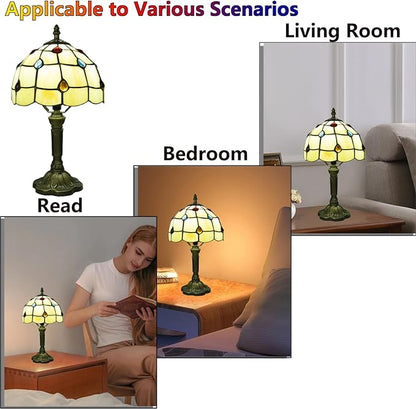 Tiffany Style Table Lamp, 3 Color Temperatures Bedside Lamp, 8 Inch Stained Glass Desk Light for Home Office Bedroom Living Room (Phoenix Tail Pattern)