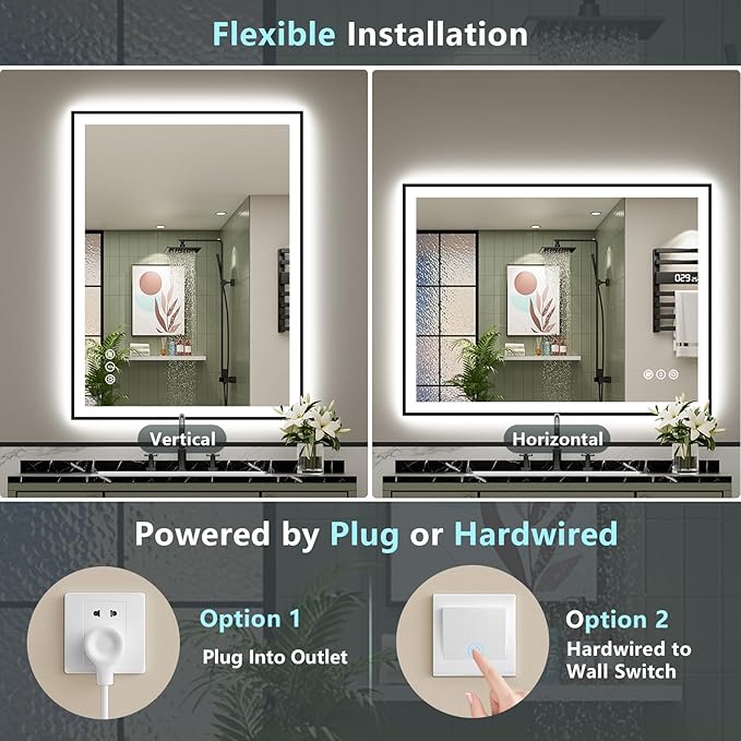 40x38 Black Framed LED Bathroom Mirror with Lights, Backlit and Front Lit Anti-Fog Lighted Vanity Mirrors for Bathroom Wall, Dimmable, 3 Colors, Memory, HD Tempered Glass, Horizontal/Vertical
