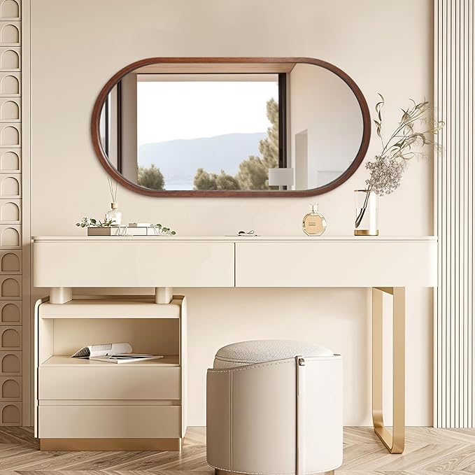 Niccy 48"×24" Wood Frame Oval Full Length Mirror, HD Long Wall-Mounted Mirrors, Large Body Hanging Mirrors for Living Room, Explosion-Proof Decorative Vanity Mirrors for Entryway, Bedroom, Walnut