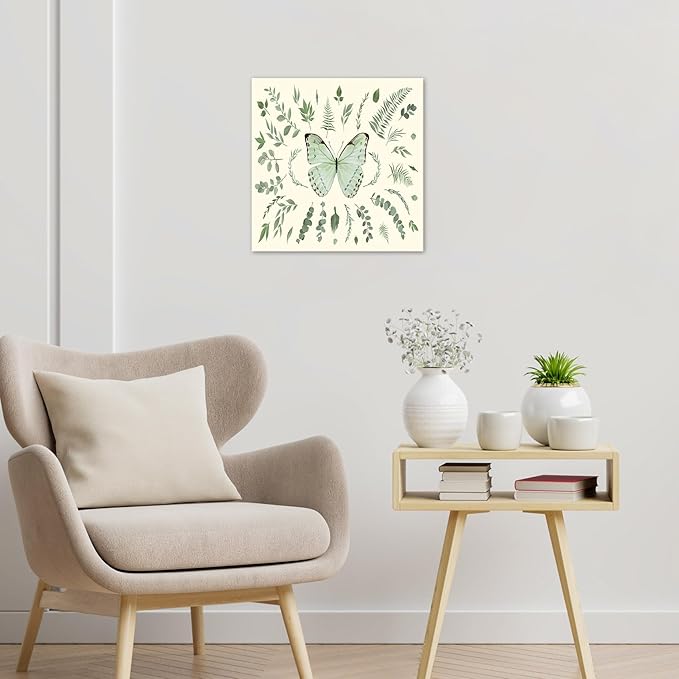 LB Green Butterfly Wall Art Watercolor Botanical Eucalyptus Leaves with Butterfly Canvas Wall Art Modern Aesthetic Art Decor for Living Room Bedroom Bathroom Framed Ready to Hang 12L x 12W Inch