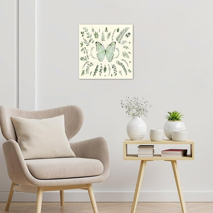 LB Green Butterfly Wall Art Watercolor Botanical Eucalyptus Leaves with Butterfly Canvas Wall Art Modern Aesthetic Art Decor for Living Room Bedroom Bathroom Framed Ready to Hang 12L x 12W Inch