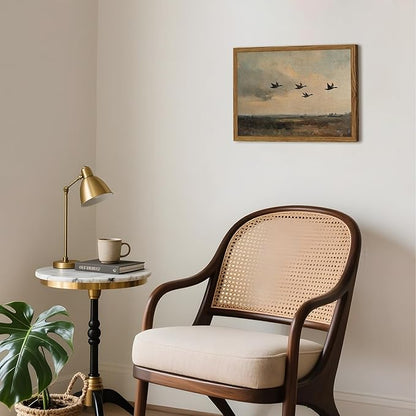 Vintage Flying Duck Wall Art, Rustic Landscape Wall Decor Retro Bird Painting Nature Wilderness 3D Textured Hand Drawn Sandstone Artwork Aesthetics for Bedroom Living Room 16x24 inch Wood Framed