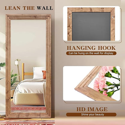 Full Length Mirror 76"x34" Solid Wood Frame Floor Large Mirror for Living Room, Bedroom Hanging or Leaning Wall-Mounted, Light Brown
