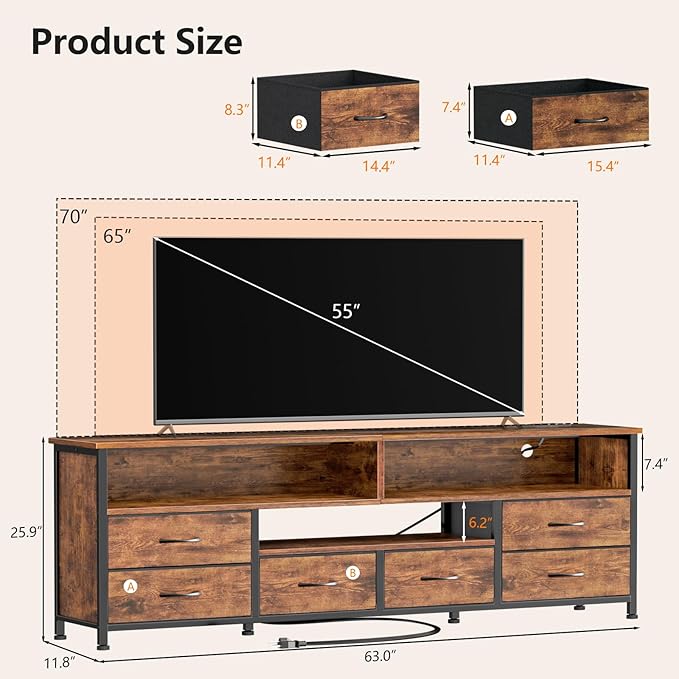 Furologee 63 Inch Entertainment Center,TV Stand for Bedroom for 65 70 Inch TVs, 6 Drawers Dresser with Power Outlets and LED Lights, Media Console for Living Room, Rustic Brown
