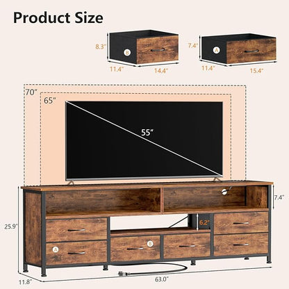 Furologee 63 Inch Entertainment Center,TV Stand for Bedroom for 65 70 Inch TVs, 6 Drawers Dresser with Power Outlets and LED Lights, Media Console for Living Room, Rustic Brown