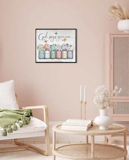 God Says You Are Wall Art: Christian Inspirational Bible Verse Wall Art Religious Scripture Encouragement Gifts for Women,Hydrangea in Mason Jar Prints Butterfly Posters Bedroom Decor 12" x 15"
