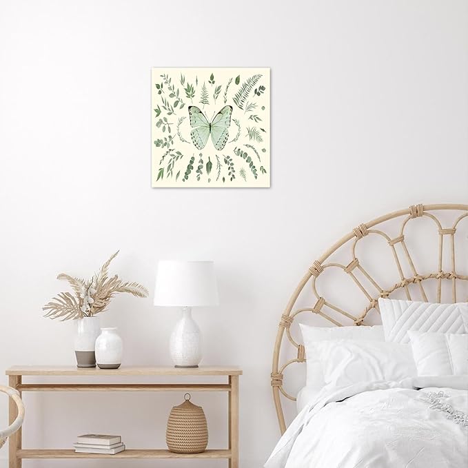 LB Green Butterfly Wall Art Watercolor Botanical Eucalyptus Leaves with Butterfly Canvas Wall Art Modern Aesthetic Art Decor for Living Room Bedroom Bathroom Framed Ready to Hang 12L x 12W Inch