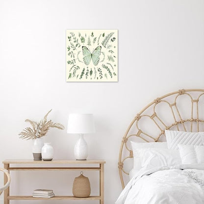 LB Green Butterfly Wall Art Watercolor Botanical Eucalyptus Leaves with Butterfly Canvas Wall Art Modern Aesthetic Art Decor for Living Room Bedroom Bathroom Framed Ready to Hang 12L x 12W Inch