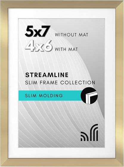Americanflat 5x7 Picture Frame with Shatter-Resistant Glass - Use as 4x6 Frame with Mat or Display 5x7 Photo Without Mat - Streamline Collection - Picture Frames for Tabletop and Wall - Gold