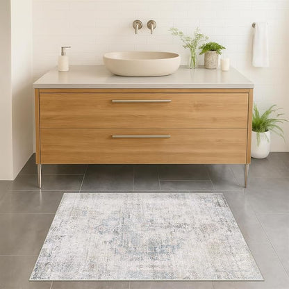 Blue and Gray 2x3 Washable Rug for Bathroom, Entryway Indoor, Kitchen Floor Waterproof, Powder Room, Non Slip Low Pile Stain & Fade Resistant Small Throw Rug, Modern Abstract Decor