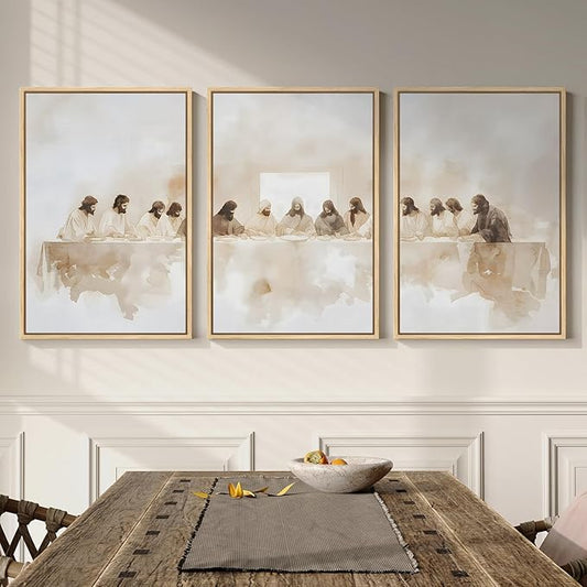 Framed Christian Wall Art Set of 3, The Last Supper Canvas Prints, Neutral Beige Biblical Artwork for Living Room Bedroom Dining Room Office, 16x24 Inch