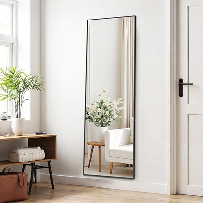 Full Length Floor Mirror, 15.75"x59" Full Body Standing Mirrors with Shatter-Proof Glass, Floor or Wall Mount, Hanging or Leaning, Aluminum Alloy Frame for Home Decor, Black