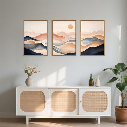 Boho Abstract Mountain Framed Canvas Wall Art Set,Earthy Toned Rustic Sunrise Landscape Wall Decor,Colorful Modern Watercolor Nature Scenery Artwork for Living Room, Bedroom,Farmhouse-24"x36"x3
