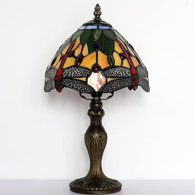 Tiffany Style Lamp Stained Glass Table Lamp 8 x 14.5 Mini Accent Light Yellow Dragonfly Design Small Decorative Bedside Reading Memory Lamp
