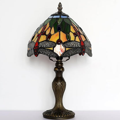 Tiffany Style Lamp Stained Glass Table Lamp 8 x 14.5 Mini Accent Light Yellow Dragonfly Design Small Decorative Bedside Reading Memory Lamp
