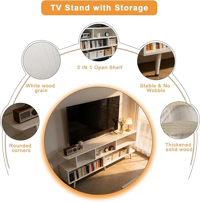 Lightdot 55 Inch TV Stand, up to 65 Inch TVs, Large Storage for Collection with 6 Open Shelves, Sturdy Media Console Table for Living Room/Entrance/Kitchen/Sofa Cabinet, Easy Assembly, White