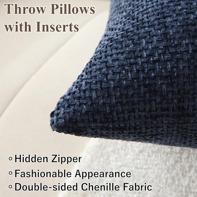 18" x 18" Decorative Throw Pillow with Inserts, Set of 2 Soft Modern Farmhouse Weave Pattern Throw Pillows, Square Boho Pillow for Couch, Bed, Sofa Decor (Navy Blue, 18" x 18"(Pack of 2))
