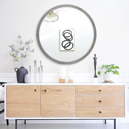 35" Round Wood Mirror, Rustic Circle Wall Mirror with Beveled, Wooden Round Mirrors for Wall Decor, Decorative Wall-Mounted Mirrors for Entryway, Living Room, Washed Gray Frame