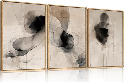 HPNIUB Beige Abstract Modern Framed Wall Art Set,Neutral Black Ink Line Wall Decor,Boho Geometric Line Art Print,Watercolor Minimalist Textured Brown Artwork for Living Room, Bedroom,Office-24 x36 x3