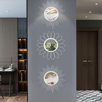 3 Pack Metal Mirrors for Wall Sunburst Wall Mirrors Home Décor Decorative Hanging Wall Art for Living Room Bedroom Entryway (Silver, Flower+Sunburst)