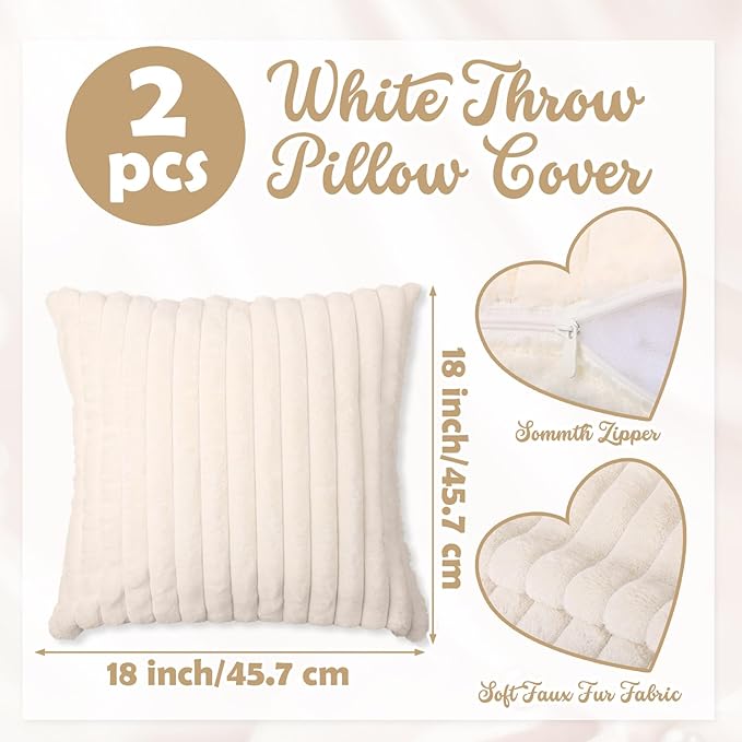 Tegeme Set of 3 Knot Pillow Ball and 18" Throw Pillowcases Fuzzy Striped, Soft Knotted Home Decor Pillow, 2 Faux Fur Cushion Covers Aesthetic Cushion and Cases for Sofa Bed Bedroom Living Room(Cream)