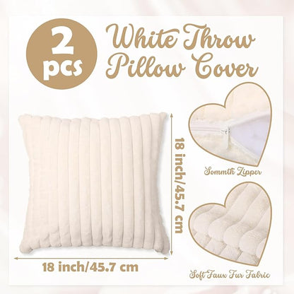 Tegeme Set of 3 Knot Pillow Ball and 18" Throw Pillowcases Fuzzy Striped, Soft Knotted Home Decor Pillow, 2 Faux Fur Cushion Covers Aesthetic Cushion and Cases for Sofa Bed Bedroom Living Room(Cream)