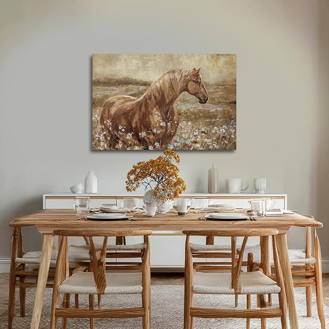 ZENPEE Horse Canvas Wall Art for Farmhouse Decor, Neutral Brown/Beige Equestrian Picture with Wildflower Meadow, Animal Artwork for Living Room Bedroom Office, Ready to Hang, 24 x 36 Inches