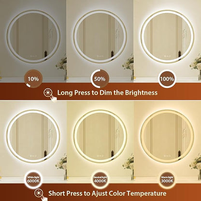 30 Inch Round Gold Framed LED Bathroom Mirror with Lights,Smart Bathroom Mirror,Motion Sensor,Tempered Glass,Anti-Fog,Stepless Dimmable & 3 Colors,Memory,Vanity Mirror for Wall