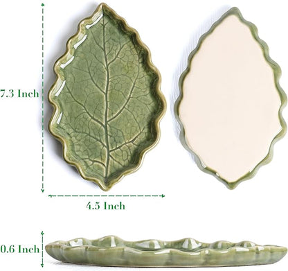 Ceramic Spoon Rest for Stove Top - Cute Green Leaf Shaped Spoon Rest/Spoon Holder for Kitchen Countertop - Cooking Kitchen Spoon Rest Utensil Rest Spatula Rest (Green)