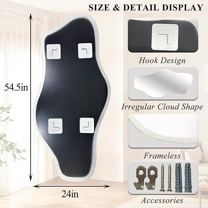 Irregular Frameless Mirror, 54.5"x24" Large Asymmetrical Tempered Glass Mirror, Modern Silver Organic Wall Mirrors for Living Room Bedroom Hallway Entryway, Horizontal or Vertical Hanging