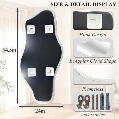 Irregular Frameless Mirror, 54.5"x24" Large Asymmetrical Tempered Glass Mirror, Modern Silver Organic Wall Mirrors for Living Room Bedroom Hallway Entryway, Horizontal or Vertical Hanging