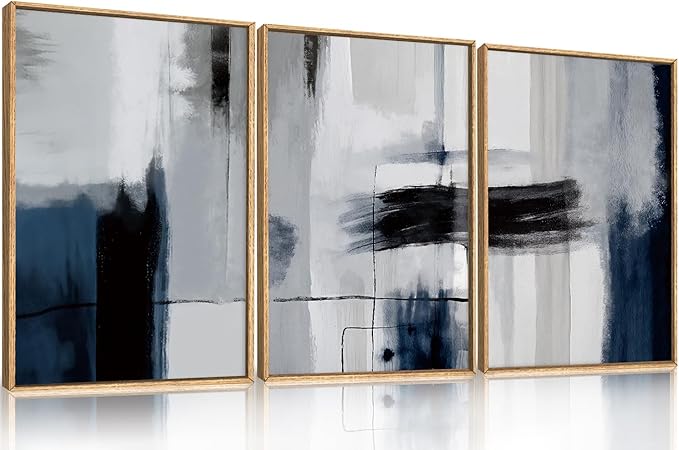 DRACIT Large Abstract Navy Blue Color Block Framed Canvas Print Wall Art Set,Gray White Modern Neutral Brush Strokes Wall Decor,Minimalist Blue Toned Geometric Line Artwork for Living Room,Bedroom-24"x36"x3