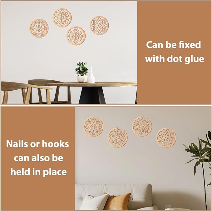 KOYILTD 4 Pieces Thicken Rustic Wall Decor,Flower Carved Wall Art,Wooden Hollow Carved Design(Round, 8.2in)
