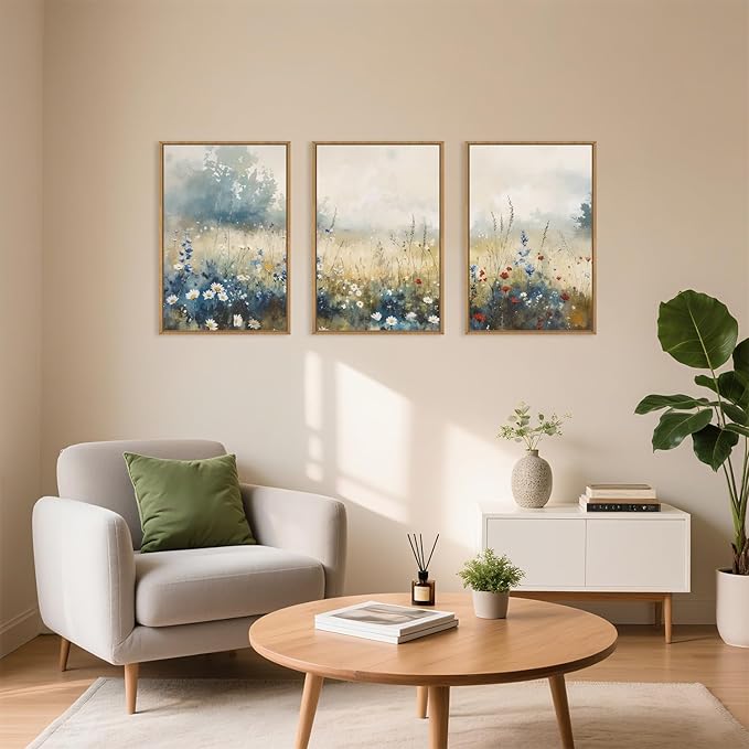 Nature Wildflower Framed Canvas Wall Art Set, Pastoral Landscape Wall Decor, Colorful Meadow Wall Painting, Rustic Floral Art Print for Living Room, Bedroom, Office - 24"X36"X3
