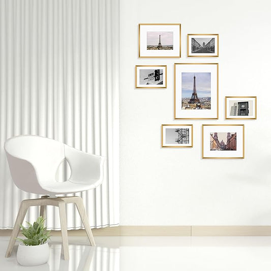 Golden State Art, Aluminum Gallery Wall Frame Set of 7 - Includes One 11x14, Two 8x10, and Four 5x7 - Metal Frames with Mat & Real Glass Cover for Elegant Home or Office Decor (Style 2, Bronze)