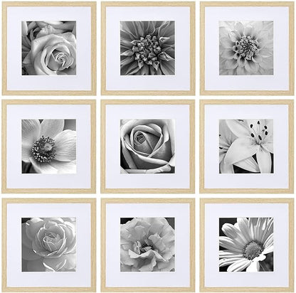eletecpro 12x12 Picture Frames Set of 9 with Clear Acrylic Cover, Display 8x8 Photos with Mat or 12x12 Without, Classic and Sturdy Square Collage Gallery Wall Decor, Easy Wall Mount, Natural