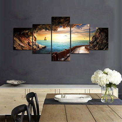 Landscape Sunset Seagulls Stone Scene Picture Modern Painting on Canvas 5 Panels Framed Wall Art for Living Room Bedroom Kitchen Home Decor Stretched Gallery Canvas Wrap Giclee Print (50’’W x 24’’H)