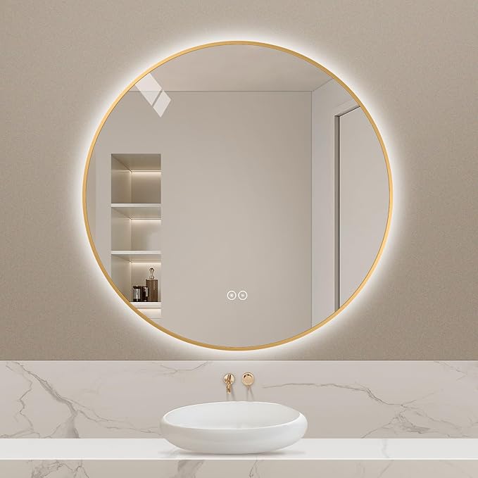 LAIYA 28 Inch Round LED Bathroom Mirror with Lights, Gold Aluminum Frame, Anti-Fog Dimmable Backlit Vanity Mirror, 3 Color Temperature, Memory Function, Wall Mounted Lighted Bathroom Mirror
