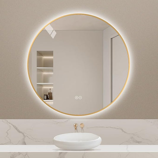 LAIYA 28 Inch Round LED Bathroom Mirror with Lights, Gold Aluminum Frame, Anti-Fog Dimmable Backlit Vanity Mirror, 3 Color Temperature, Memory Function, Wall Mounted Lighted Bathroom Mirror