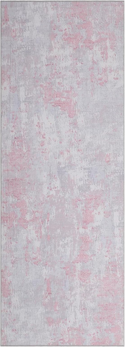 ROYHOME Modern Abstract 2x10 Runner Rug Washable Non Slip Stain Resistant Rug for Hallway Kitchen Bedroom Non Shedding Low Pile Indoor Floor Cover,Grey Pink