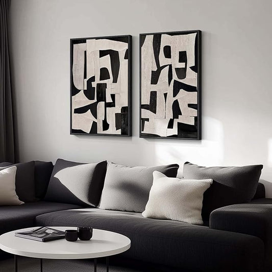 Large Framed Black and Beige Abstract Wall Art, Set of 2 Piece Minimalist Canvas Paintings Artwork for Walls, Modern Art Prints Pictures for Living Room Hallway Dining Room Bedroom Office Wall Decor