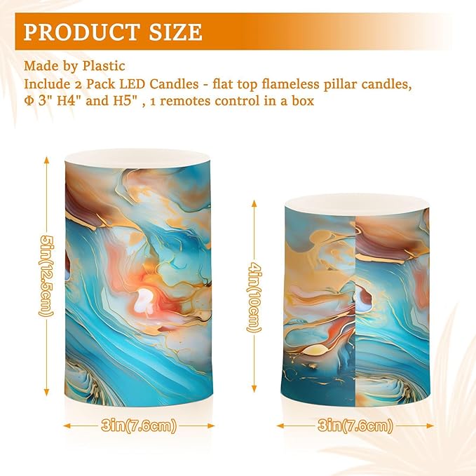 ALAZA Orange Teal Blue Marble Flickering Flameless Candles Battery Operated with Remote Timer,Tea Light Candles LED Pillar Votive Candles Set of 2 for Outdoor Indoor Decorations