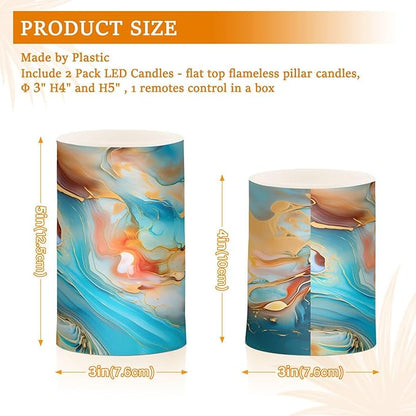 ALAZA Orange Teal Blue Marble Flickering Flameless Candles Battery Operated with Remote Timer,Tea Light Candles LED Pillar Votive Candles Set of 2 for Outdoor Indoor Decorations