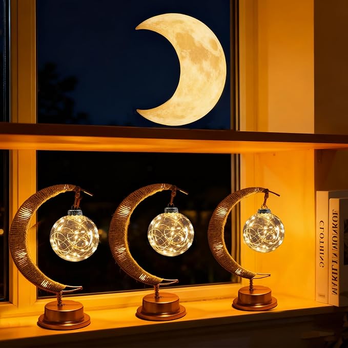 Ramadan Decorative Crescent Moon Table Night Light with Hanging Ball Battery Operated Lighting Suitable for Home Bedroom Shop Dining Holiday Party Eid Festival Lights (HGmoon-Ball)