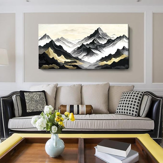 Large Black White And Gold Natural Landscape Wall Art For Living Rooms; Modern Abstract Canvas Prints Artwork For Walls; Chinese-Style Mountain Pictures For Bedrooms, Hallways, And Offices. 48X24 Inches.