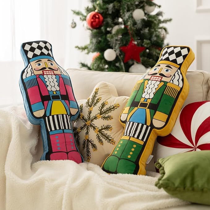 Ashler Nutcracker Christmas Throw Pillow, Nutcracker Hooked Shaped Pillow, Velvet 3D Decoration Throw Pillows, Nut Cracker Christmas Decor Cushion for Couch Chair Bed, 23.5x8.5 Inches, Light Green