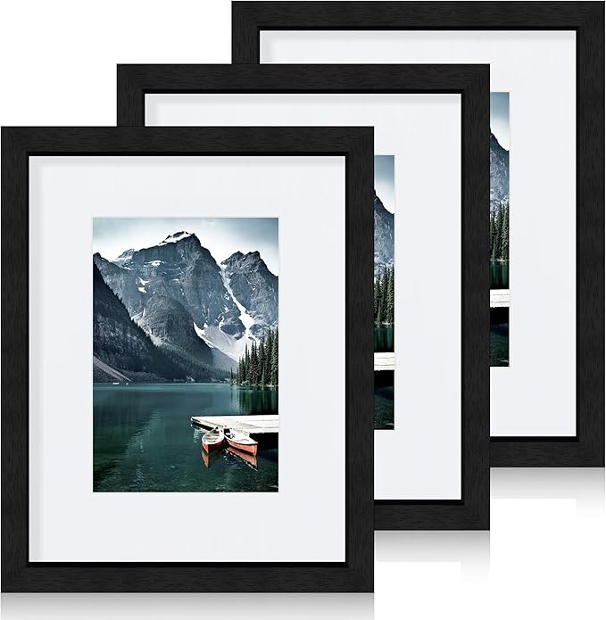 Hongkee 8x10 Black Picture Frames set of 3, Made of Wooden and Glass Photo frame - Displays Picture 5x7 with Mat or 8 x 10 without Mat, Desktop & Wall Collage Frame set